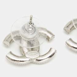 Chanel CC Crystals Silver Tone Stud Earrings