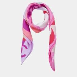 Chanel Pink Floral Interlocking CC Printed Silk Square Scarf