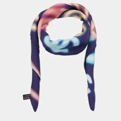 Pre Owned Chanel Navy Blue Neon Logo Printed Silk Square Scarf