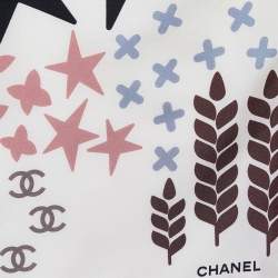 Pre Owned Chanel Beige Multi Motif Printed Silk Square Scarf