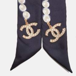 Pre Owned Chanel Navy Blue Pearl Print Silk Bandeau Scarf