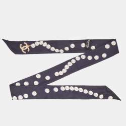 Pre Owned Chanel Navy Blue Pearl Print Silk Bandeau Scarf