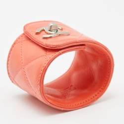 Pre Owned Chanel Pink Peach Quilted Leather TurnLock Cuff Bracelet