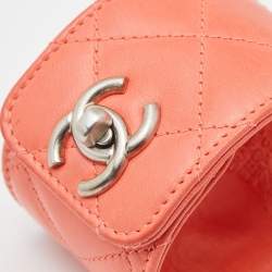 Pre Owned Chanel Pink Peach Quilted Leather TurnLock Cuff Bracelet