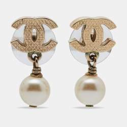 Chanel CC Faux Pearl Textured Gold Tone Drop Earrings