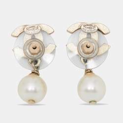 Chanel CC Faux Pearl Textured Gold Tone Drop Earrings