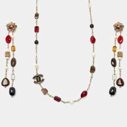 Chanel Multicolour Glass Beads & Faux Pearl Byzantine Long Necklace and Earrings Set