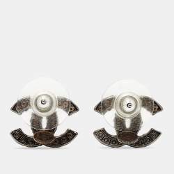 Pre Owned Chanel CC Crystal Faux Pearl Gunmetal Tone Earrings
