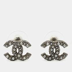 Pre Owned Chanel CC Crystal Faux Pearl Gunmetal Tone Earrings