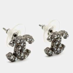 Pre Owned Chanel CC Crystal Faux Pearl Gunmetal Tone Earrings