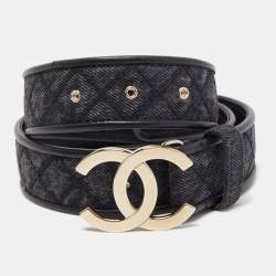 Pre Owned Chanel Black Quilted Denim and Leather CC Buckle Belt 75CM
