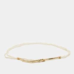 Pre Owned Chanel Gold Foil Leather And Faux Pearl Double Wrap Waist Belt