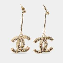Chanel CC Crystals Gold Tone Drop Earrings
