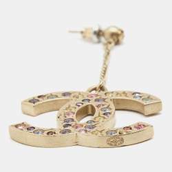 Chanel CC Crystals Gold Tone Drop Earrings