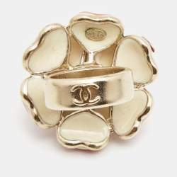 Pre Owned Chanel CC FLower Enamel Gold Tone Ring Size 53