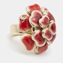 Pre Owned Chanel CC FLower Enamel Gold Tone Ring Size 53