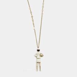 Pre Owned Chanel Coco Faux Pearl Enamel Lady Gold Tone Necklace