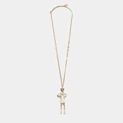 Pre Owned Chanel Coco Faux Pearl Enamel Lady Gold Tone Necklace