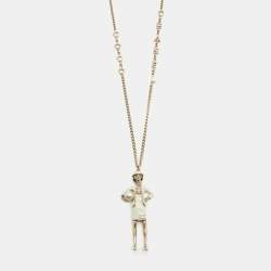 Pre Owned Chanel Coco Faux Pearl Enamel Lady Gold Tone Necklace