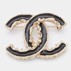 Chanel Black Enamel Gold Tone CC Baroque Pin Brooch Chanel