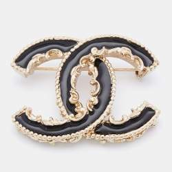 Chanel Black Enamel Gold Tone CC Baroque Pin Brooch