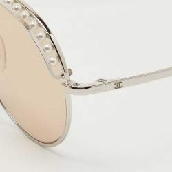 Pre Owned Chanel Silver Tone/Beige 4247-H Faux Pearl Round Sunglasses