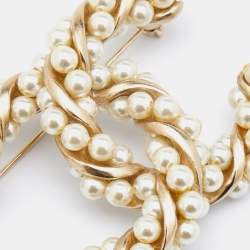 Chanel Light Gold Tone & Faux Pearl Twisted Brooch