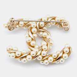 Chanel Light Gold Tone & Faux Pearl Twisted Brooch