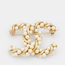 Chanel Light Gold Tone & Faux Pearl Twisted Brooch Chanel