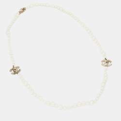 Pre Owned Chanel Gold Tone World Map CC Logo Faux Pearl Multi Strand Necklace
