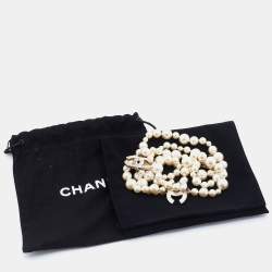Pre Owned Chanel Gold Tone World Map CC Logo Faux Pearl Multi Strand Necklace