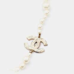 Pre Owned Chanel Gold Tone World Map CC Logo Faux Pearl Multi Strand Necklace
