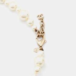 Pre Owned Chanel Gold Tone World Map CC Logo Faux Pearl Multi Strand Necklace