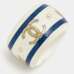 Pre Owned Chanel CC Bicolor Resin Gold Tone Ring Size 53