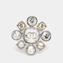 Pre Owned Chanel CC Floral Crystals SIlver Tone Earrings and Ring Size 54