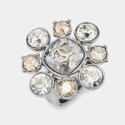 Pre Owned Chanel CC Floral Crystals SIlver Tone Earrings and Ring Size 54