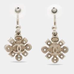 Pre Owned Chanel CC Floral Crystals Silver Tone Earrings