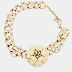 Pre Owned Chanel CC Enamel Floral Gold Tone Necklace