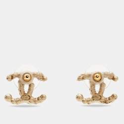 Pre Owned Chanel CC Faux Pearl Glass Crystal Gold Tone Earrings