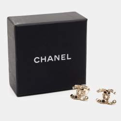 Pre Owned Chanel CC Faux Pearl Glass Crystal Gold Tone Earrings