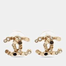 Pre Owned Chanel CC Faux Pearl Glass Crystal Gold Tone Earrings