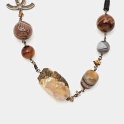 Pre Owned Chanel Agate Beads Silver Tone Long Necklace