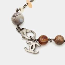 Pre Owned Chanel Agate Beads Silver Tone Long Necklace