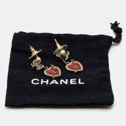 Chanel CC Coco Enamel Crystal Gold Tone Earrings