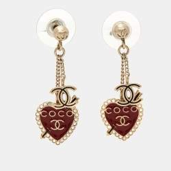 Chanel CC Coco Enamel Crystal Gold Tone Earrings