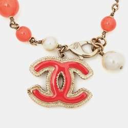Chanel CC Enamel Faux Pearl Beads Two Tone Metal Charm Bracelet