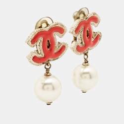 Chanel CC Enamel Faux Pearl Earrings