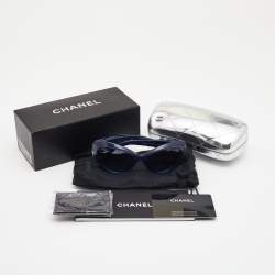 Pre Owned Chanel Navy Blue CC Camellia Leather Gradient Cat Eye Sunglasses