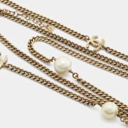 Pre Owned Chanel Faux Pearl & Crystal Pendant & Layered Gold Tone Chain Necklace