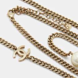 Pre Owned Chanel Faux Pearl & Crystal Pendant & Layered Gold Tone Chain Necklace